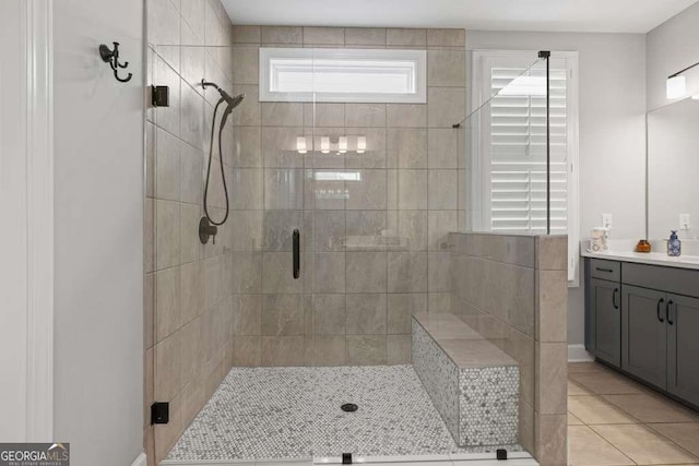 123 Rabun Ct, Hoschton, GA 30548 - full bathroom featuring a shower stall, vanity, and tile patterned flooring