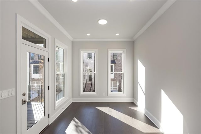 doorway featuring dark hardwood / wood-style flooring and ornamental molding