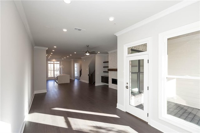 hall featuring dark hardwood / wood-style flooring and crown molding