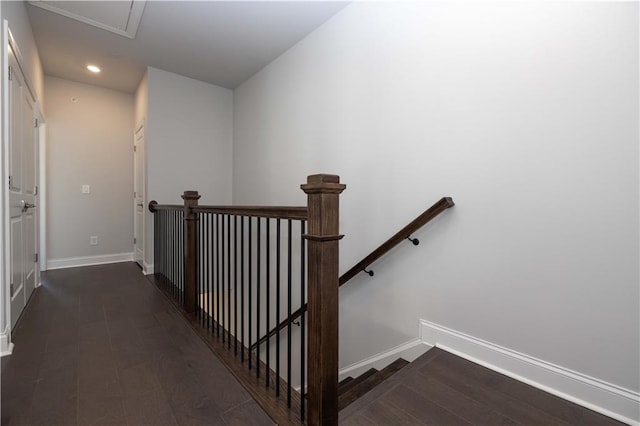 stairway with hardwood / wood-style flooring