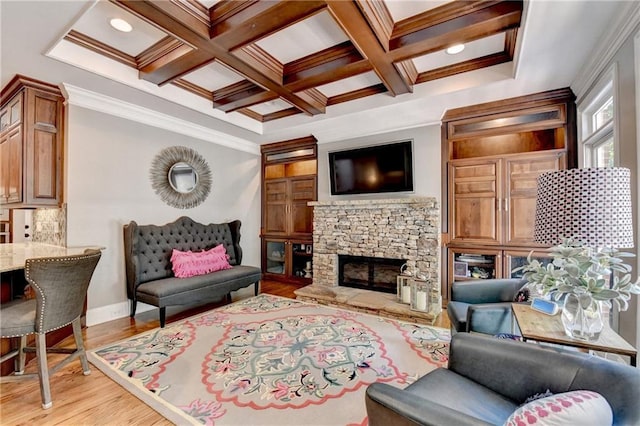 10020 Normandy Ln, Suwanee, GA 30024 - living room with coffered ceiling, light wood-style floors, beam ceiling, ornamental molding, and a fireplace
