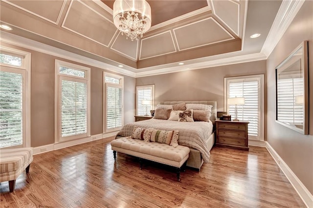 10020 Normandy Ln, Suwanee, GA 30024 - bedroom with crown molding, wood finished floors, a chandelier, multiple windows, and recessed lighting