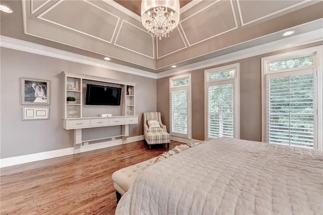 10020 Normandy Ln, Suwanee, GA 30024 - bedroom featuring ornamental molding, wood finished floors, a chandelier, and recessed lighting