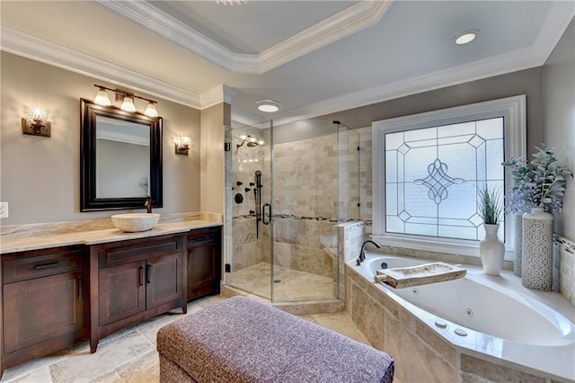 10020 Normandy Ln, Suwanee, GA 30024 - bathroom featuring a tub with jets, vanity, a shower stall, and crown molding