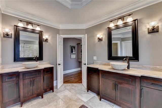 10020 Normandy Ln, Suwanee, GA 30024 - bathroom featuring ornamental molding, two vanities, and a shower