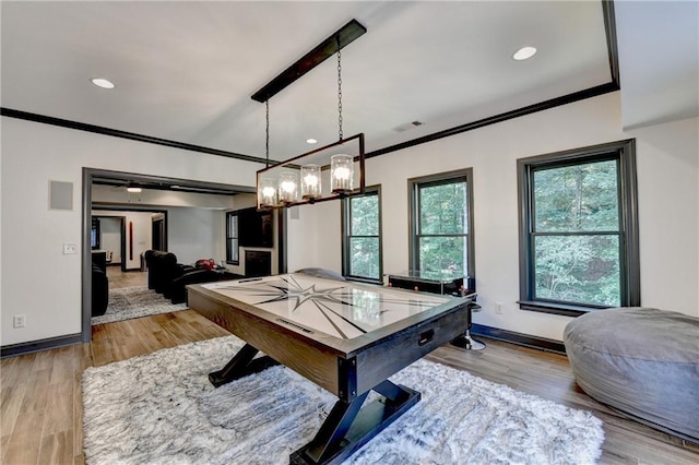 10020 Normandy Ln, Suwanee, GA 30024 - recreation room with crown molding, light wood-type flooring, recessed lighting, a chandelier, and pool table
