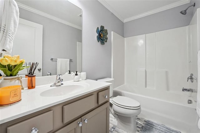 full bathroom featuring shower / tub combination, vanity, crown molding, and toilet