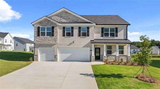 craftsman inspired home with an attached garage, a front lawn, concrete driveway, and brick siding