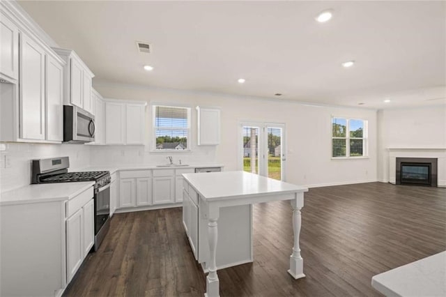 kitchen featuring stainless steel appliances, a glass covered fireplace, a sink, and decorative backsplash