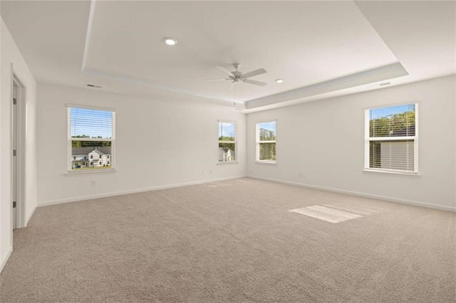 empty room featuring light carpet and a tray ceiling