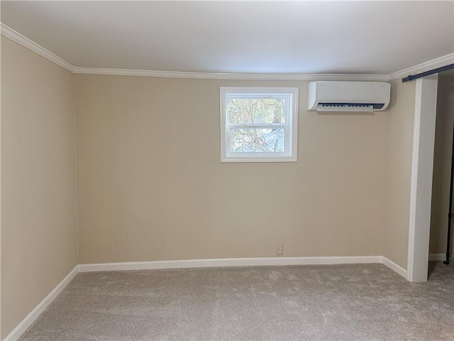 basement with ornamental molding, carpet, and a wall mounted AC