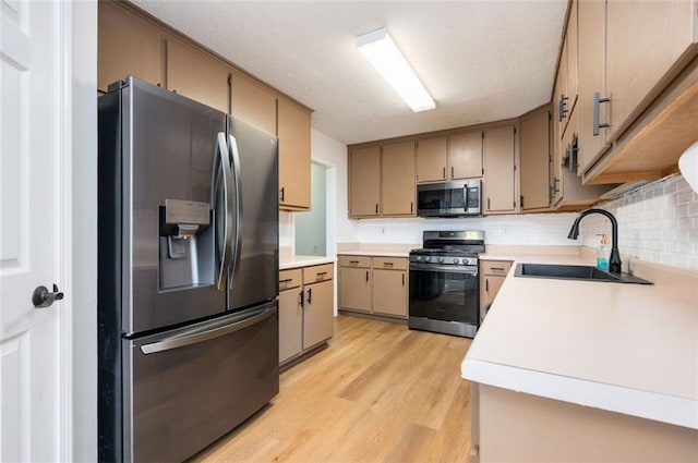 409 Cold Springs Ln, Mcdonough, GA 30252 - kitchen with stainless steel appliances, a sink, light wood-style floors, backsplash, and light countertops