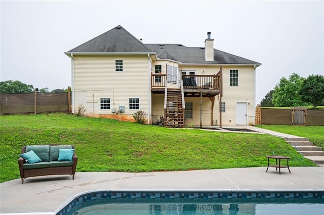 409 Cold Springs Ln, Mcdonough, GA 30252 - back of property featuring stairway, a wooden deck, a patio area, a chimney, and a gate