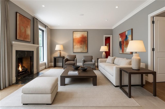 122 Old Ivy Rd NE Unit 17, Atlanta, GA 30342 - living area featuring a high end fireplace, recessed lighting, crown molding, and baseboards