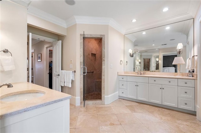 122 Old Ivy Rd NE Unit 17, Atlanta, GA 30342 - full bath featuring two vanities, a stall shower, ornamental molding, recessed lighting, and baseboards