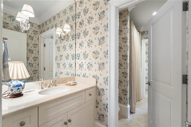122 Old Ivy Rd NE Unit 17, Atlanta, GA 30342 - bathroom featuring wallpapered walls, vanity, ornamental molding, a shower with curtain, and tile patterned flooring