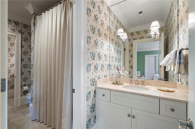 122 Old Ivy Rd NE Unit 17, Atlanta, GA 30342 - bathroom with ornamental molding, wallpapered walls, vanity, tile patterned floors, and a shower with shower curtain