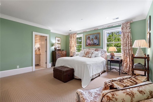 122 Old Ivy Rd NE Unit 17, Atlanta, GA 30342 - bedroom featuring light colored carpet, crown molding, baseboards, and ensuite bath