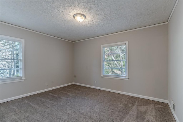 carpeted empty room featuring a textured ceiling and ornamental molding