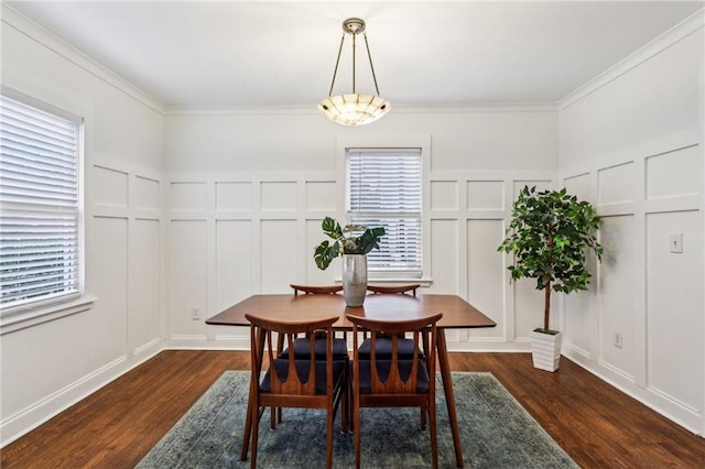 dining room featuring ornamental molding, a wealth of natural light, and dark hardwood / wood-style flooring