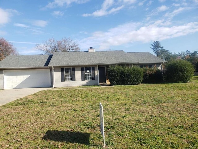 ranch-style house with a garage, a shingled roof, concrete driveway, a chimney, and a front yard