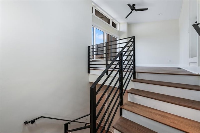 stairway featuring ceiling fan