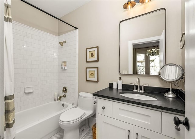 9129 Selborne Ln, Chattahoochee Hills, GA 30268 - full bathroom with a chandelier, vanity, shower / bath combination with curtain, and toilet