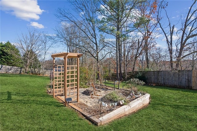 view of yard featuring a fenced backyard and a garden