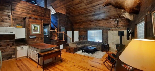 1251 Bar T Ranch Rd, Talking Rock, GA 30175 - living room with wood walls, a wood stove, high vaulted ceiling, light wood-type flooring, and beamed ceiling