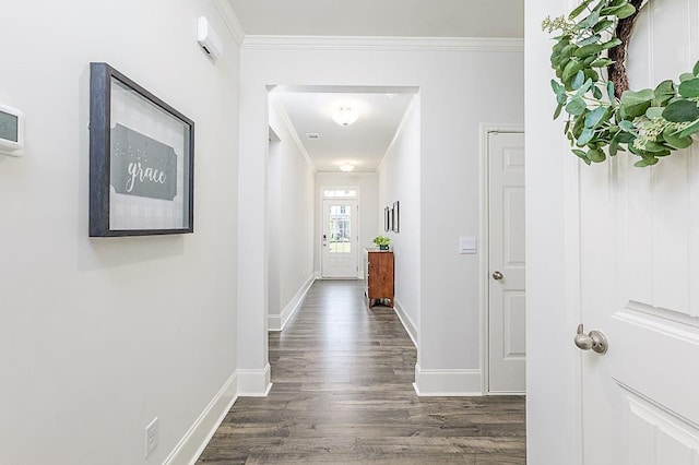 895 Garnet Dr, Acworth, GA 30101 - hallway featuring dark wood-style floors and ornamental molding