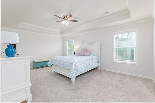 895 Garnet Dr, Acworth, GA 30101 - bedroom with a raised ceiling, light colored carpet, crown molding, and ceiling fan