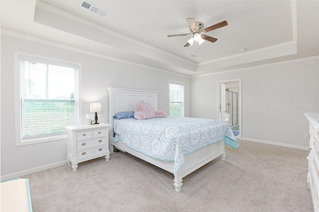 895 Garnet Dr, Acworth, GA 30101 - bedroom with a tray ceiling, ornamental molding, light carpet, and a ceiling fan