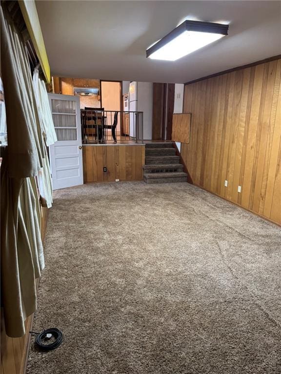 basement with wood walls and carpet