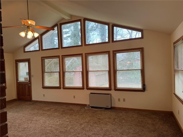 interior space featuring beamed ceiling, high vaulted ceiling, carpet flooring, and ceiling fan