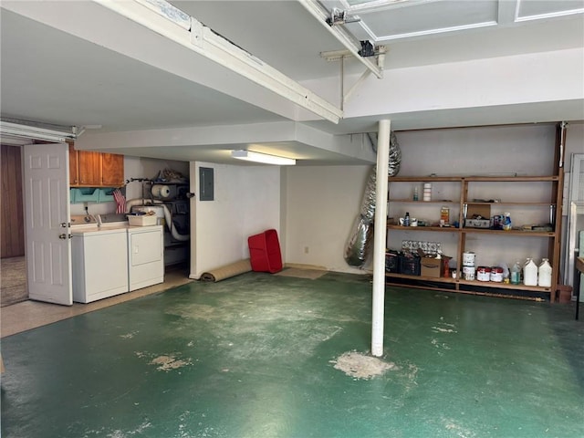 basement featuring washing machine and dryer and electric panel