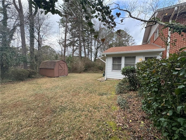 view of yard featuring a storage shed