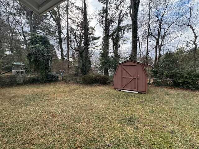 view of yard featuring a storage unit