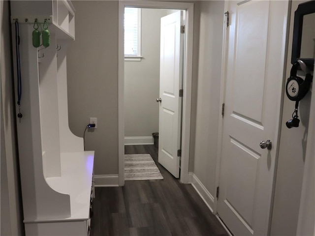 mudroom featuring baseboards and dark wood-style floors