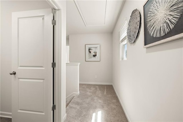 hallway with light colored carpet