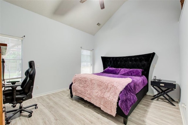 468 Berkshire Pl, Fairburn, GA 30213 - bedroom with high vaulted ceiling, light wood finished floors, an office area, ceiling fan, and baseboards