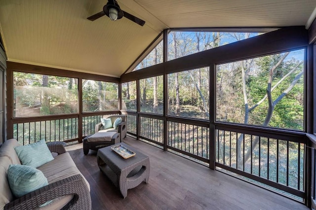 sunroom / solarium with vaulted ceiling and ceiling fan