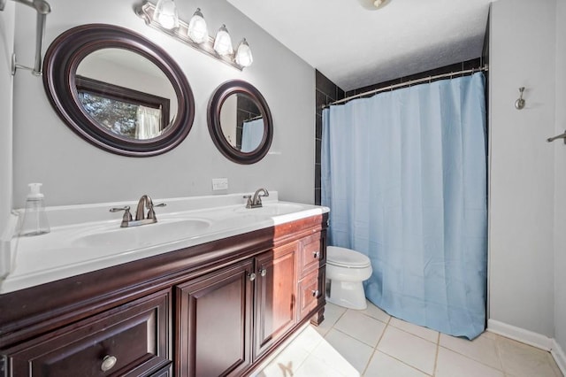 bathroom with walk in shower, vanity, toilet, and tile patterned flooring