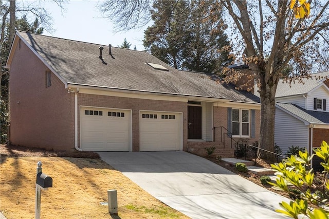 view of front of home featuring a shingled roof, concrete driveway, brick siding, and an attached garage