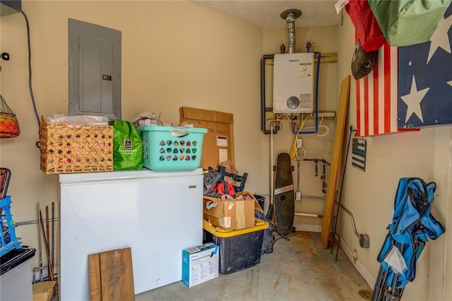 interior space featuring tankless water heater and electric panel