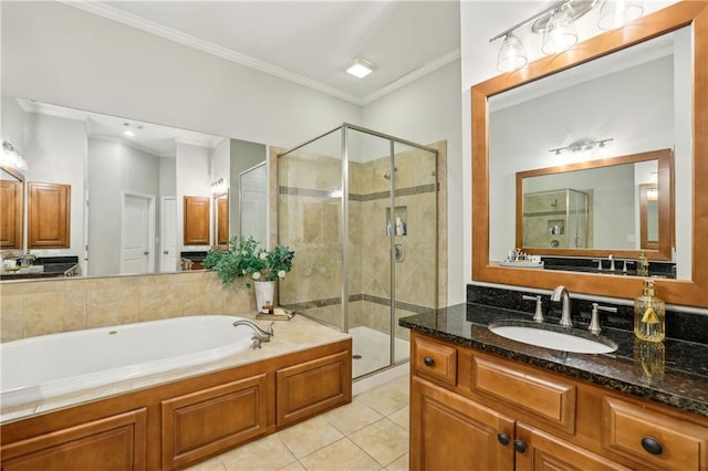 full bath with crown molding, a shower stall, a bath, and tile patterned floors