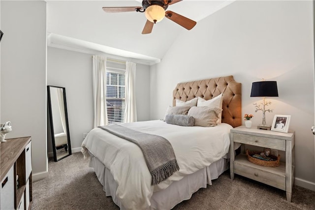 bedroom featuring vaulted ceiling, carpet, a ceiling fan, and baseboards