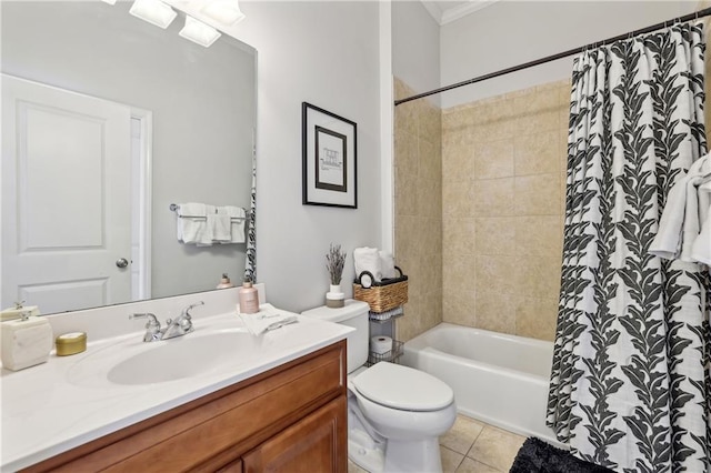 full bathroom featuring toilet, shower / tub combo, vanity, ornamental molding, and tile patterned floors