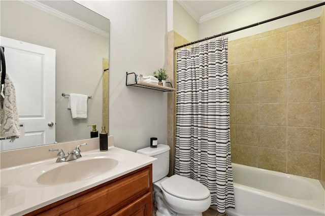 bathroom with toilet, shower / bath combo, crown molding, and vanity