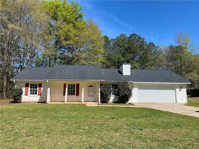 ranch-style home featuring covered porch, a garage, and a front lawn