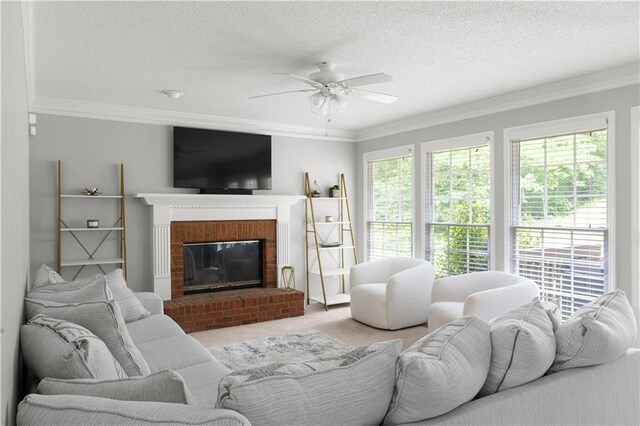 3075 Milford Chase SW, Marietta, GA 30008 - living area with ceiling fan, crown molding, a textured ceiling, carpet flooring, and a brick fireplace